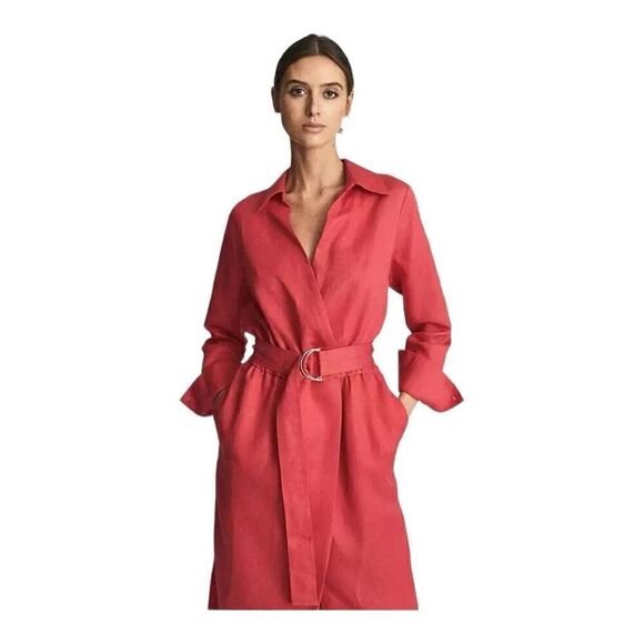 Reiss Emily Red Linen Blend Belted Midi Dress Size 2 - Picture 4 of 11